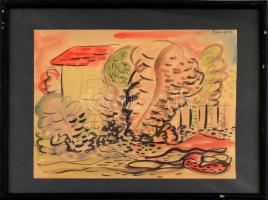 Bene Géza jelzéssel: Ház a fák mögött. Vegyes technika, papír, kasírozva. Üvegezett fa keretben. 22x...