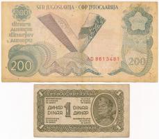 Jugoszlávia 1944. 1D + 1990. 200D T:III kis ly. Yugoslavia 1944. 1 Dinar + 1990. 200 Dinara C:F small hole