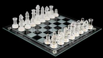 Üveg sakk készlet, táblával és figurákkal, használatlan, eredeti karton dobozában, tábla. 24x24 cm