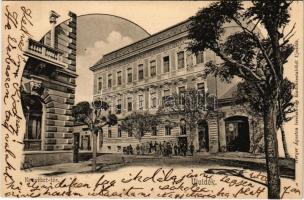 1902 Újvidék, Novi Sad; Erzsébet tér, M. kir. állami polgári és felső kereskedelmi iskola / square, school