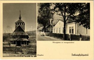 Trebusafejérpatak, Dilove; fatemplom, községháza, országzászló / wooden church, town hall, Hungarian country flag