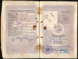 1957 Fényképes osztrák világútlevél (Európára való érvényesség hatóságilag módosítva), jugoszláv és USA vízummal, foltos, elváló papírkötéssel, kopott fényképpel