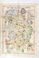 cca 1930 Pest-Pilis-Solt-Kiskun vármegye rajzos szemléltető térképe, UJpest, Schinkovits Lajos-ny., hajtott, a hajtások mentén szakadt, a hátoldalán javításnyomokkal, megviselt állapotban, 69x49 cm