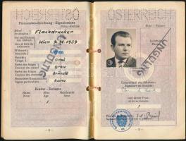 1960 Fényképes osztrák világútlevél, jugoszláv vízummal és NSZK tartózkodási engedéllyel, érvénytelenítési pecsétekkel, ragasztott papírkötéssel,