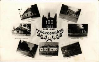 1957 Kerekegyháza 100 éves, tanácsháza, általános iskola, gépállomás, utca, szövetkezeti cukrászda és áruház. Perczel Foto