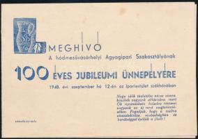 1948 Meghívó a hódmezővásárhelyi Agyagipari Szakosztály 100 éves jubileumi ünnepélyére, apró foltokkal