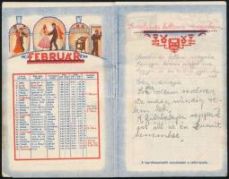 1937 M. Kir. Posta zsebnaptár, magyar és német nyelvű ceruzás, részben verses bejegyzésekkel