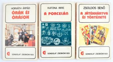Vegyes Gondolat Zsebkönyvek könyvtétel, 3 db. Katona Imre: A porcelán. Bp, 1984. Gondolat. Papírkötésben, jó állapotban. +  Horváth Árpád: Órák és órások. Bp, 1982, Gondolat. Papírkötésben, jó állapotban. + Zsoldos Benő: A játékkártya és története. Bp., 1980, Gondolat. Papírkötésben, jó állapotban.