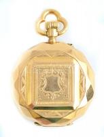 Arany (Au) 14K mechanikus zsebóra, nem működik, jelzett, tokban, d: 3 cm, bruttó: 28 g