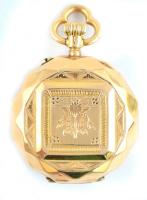 Arany (Au) 14K mechanikus zsebóra, nem működik, jelzett, tokban, d: 3 cm, bruttó: 28 g