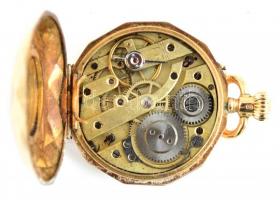 Arany (Au) 14K mechanikus zsebóra, nem működik, jelzett, tokban, d: 3 cm, bruttó: 28 g