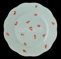 Herendi piros virágmintás porcelán tányér, kézzel festett, jelzett, repedéssel, kopásokkal, d: 8,5 cm