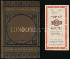 London vegyes tétel. Albert Goldschmidt: Plan und Wegweiser von London und Umgebungen. Berlin, 1899, verlag von Albert Goldschmidt/ a szerző kiadása. Egészvászon-kötés, hátul kissé gyűrött bortóval, de egyébként jó állapotban. Német nyelven. + Map of general routes. London, 1933, London Passenger Transport Board. Néhány helyen kisebb szakadással, de egyébként jó állapotban. 49 x 38 cm.