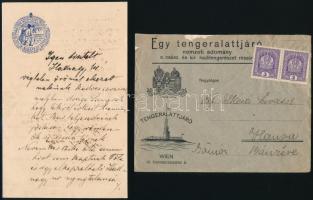 1918 levél egy hozzátartozójáért aggódó családtagtól, amelyben egy hadnagytól kér további információt róla. + Egy tengeralattjáró, nemzeti adomány a csász. és kir. haditengerészet részére feliratú boríték, tengeralattjáróval és osztrák-magyar közös címerrel illusztrált.