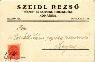 1942 Komárom, Komárno; Szeidl Rezső fűszer és csemege kereskedő üzletének reklámlapja. Mussolini út 24. / Hungarian shop advertising card (EK)