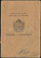 Magyar Királyi Útlevél, fényképes. 1925-1927. Német és cseh bejegyzésekkel. Papírkötésben, kissé fol...