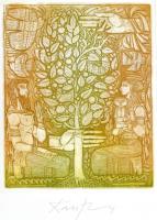 Kass János (1927-2010): Jelenet. Színes rézkarc, papír, jelzett, üvegezett keretben, 24×18,5 cm