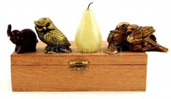 Vegyes bolha tétel, közte, elefánt figura, bagoly figura stb. + fa doboz 9,5x18,5x5 cm