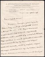 1907 Pozsony, Vutkovich Ödön (1873-?) szerkesztő, jogász, Nyugatmagyaroszági Híradó lapszerkesztőjének saját kézzel írt levele, saját kezű aláírásával ismeretlen személy számára, a folyóirat fejléces papírján, 1907. feb. 25.