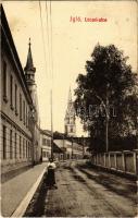 1910 Igló, Zipser Neudorf, Spisská Nová Ves; Lőcsei utca, templom. W. L. Bp. 2869. Dörner Gyula kiadása / street view, church (EK)