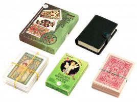 Érdekes kártyapakli tétel, 6 csomag, közte két pakli népviseletes, egy nem lekerekített sarkú Piatnik, egy pakli Mucha hátlappal, jóskártya.