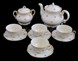 Zsolnay porcelán teás készlet, kannával, cukortartóval, 4 db csészével és aljjal, matricás, jelzett, apró kopásnyomokkal