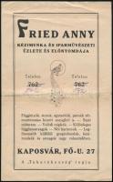 1937 Fried Anny kézimunka- és iparművészeti üzlete és előnyomdája, Kaposvár,  kézzel írt jegyzék fej...