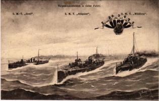 Torpedobootdivision in voller Fahrt / SMS Greif, SMS Alligator, I. osztályú torpedónaszádok, SMS Wildfang Huszár-típusú torpedóromboló (Zerstörer), matrózok / WWI Austro-Hungarian Navy, K.u.K. Kriegsmarine destroyers, torpedoboat, mariners. G. Fano Pola 1910-11. 1561. s: G. Kappler