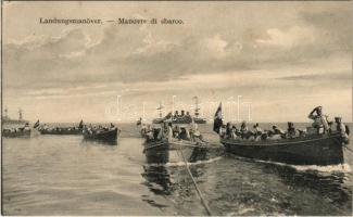 K.u.K. Kriegsmarine Landungsmanöver / Manovre di sbarco / Austro-Hungarian Navy land maneuver, mariners in boats, naval flag. G. Fano, Pola 1909-10. 114.