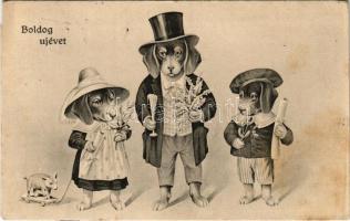 1908 Boldog Újévet! / New Year greeting art postcard with Dachshund dogs. H.H.i.W. Nr. 459. (vágott / cut)