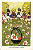 Kellemes Húsvéti ünnepeket! Magyar Ifjúsági Vöröskereszt Egyesület kiadása / Easter greeting art postcard, Red Cross propaganda, folklore, artist signed (EB)