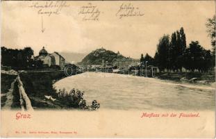 1900 Graz, Murfluss mit der Flosslend / riverside, synagogue, bridge. Anton Schlauer No. 112.