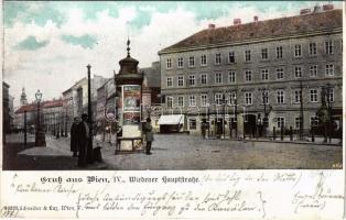 Wien, Vienna, Bécs; Wiedener Hauptstraße / street view, shops, advertising column. Schneider & Lux (cut)