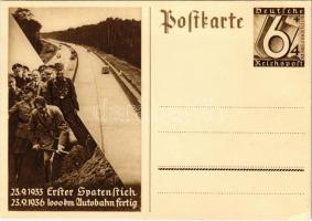 1933 Erster Spatenstich - 1936 1000 km Autobahn fertig / 1933 First Groundbreaking - 1936 1000 km highway completed. Adolf Hitler, NSDAP German Nazi Party propaganda. 6+4 Ga. (EK)
