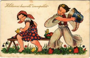 1934 Kellemes Húsvéti ünnepeket! / Easter greeting art postcard, Hungarian folklore s: Szilágyi G. Ilona (EK)