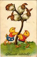 1932 Húsvéti üdvözlet / Easter greeting art postcard with chicken and rabbits. M.M. Nr. 1413. (EK)