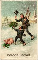 1947 Boldog Újévet! / New Year greeting art postcard with chimney sweepers, ladder, clovers and pig. Pittius (EK)