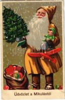 Üdvözlet a Mikulástól / Christmas greeting card with Saint Nicholas and toys (EK)