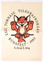 1983 XXII. Tornász Világbajnokság Budapest plakátja, Dargay Attila Vuk figurájával illusztrált, szélein és sarkaiban apró lyukakkal és gyűrődésekkel, hajtásnyommal, 58x41 cm