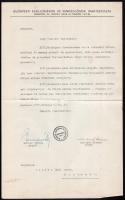 1937 Budapesti Szállodások és Vendéglősök Ipartestületének gépelt köszönő levele Gruber Emil, az Ördögorom csárda tulajdonosának, a jegyző Ballai Károly, és az elnök Malocsik Ferenc saját kezű aláírásaival.