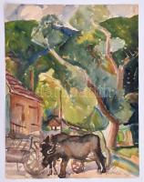 Ádámffy László (1902-?), kétoldalas mű:Bivalyok, 1941 és Kanyargó út, 1938. Akvarell, papír, jelzett és datált, 47×36 cm