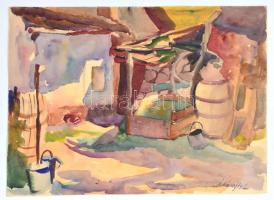 Ádámffy László (1902-?): Napfényes udvar. Akvarell, papír, jelzett, 29×39,5 cm
