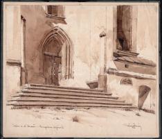 Páris Erzsébet, (1887-?): Grein an der Donau, templombejárat, 1928. Tus, diópác, papír, jelzett és datált, 25,5×30 cm