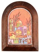 Jakabfi Márta (?-): Olasz város, tűzzománc falikép, jelzett, fa keretben, a hátoldalán ajándékozási sorokkal, 15x10 cm