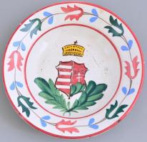 Hollóházi régi címeres kerámia fali tányér, kézzel festett, jelzett, kisebb lepattanásokkal, karcolásokkal, d: 23 cm