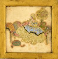 Antik aranyozott, festett hölgyet ábrázoló vászon kép, üvegezett fa keretben, foltos, kopott, 24x24 cm