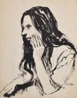 Élesdy István (1912-1987): Női arckép. Tus, papír, jelzett. Lap tetején kisebb foltokkal. 48×36 cm