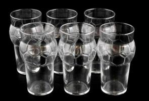 6 db üveg pohár, felső részén focilabda formával és mintával, eredeti karton dobozában, hibátlan, m: 16 cm, d: 8 cm