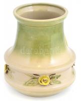 Zöld, virágdíszes mázas kerámia váza, jelzés nélkül, hibátlan, m: 21,5 cm
