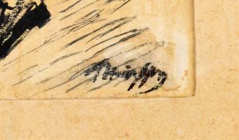 Márffy jelzéssel: Teregetés. Tus, papír, foltos. Üvegezett fa keretben. 36,5x28,5 cm